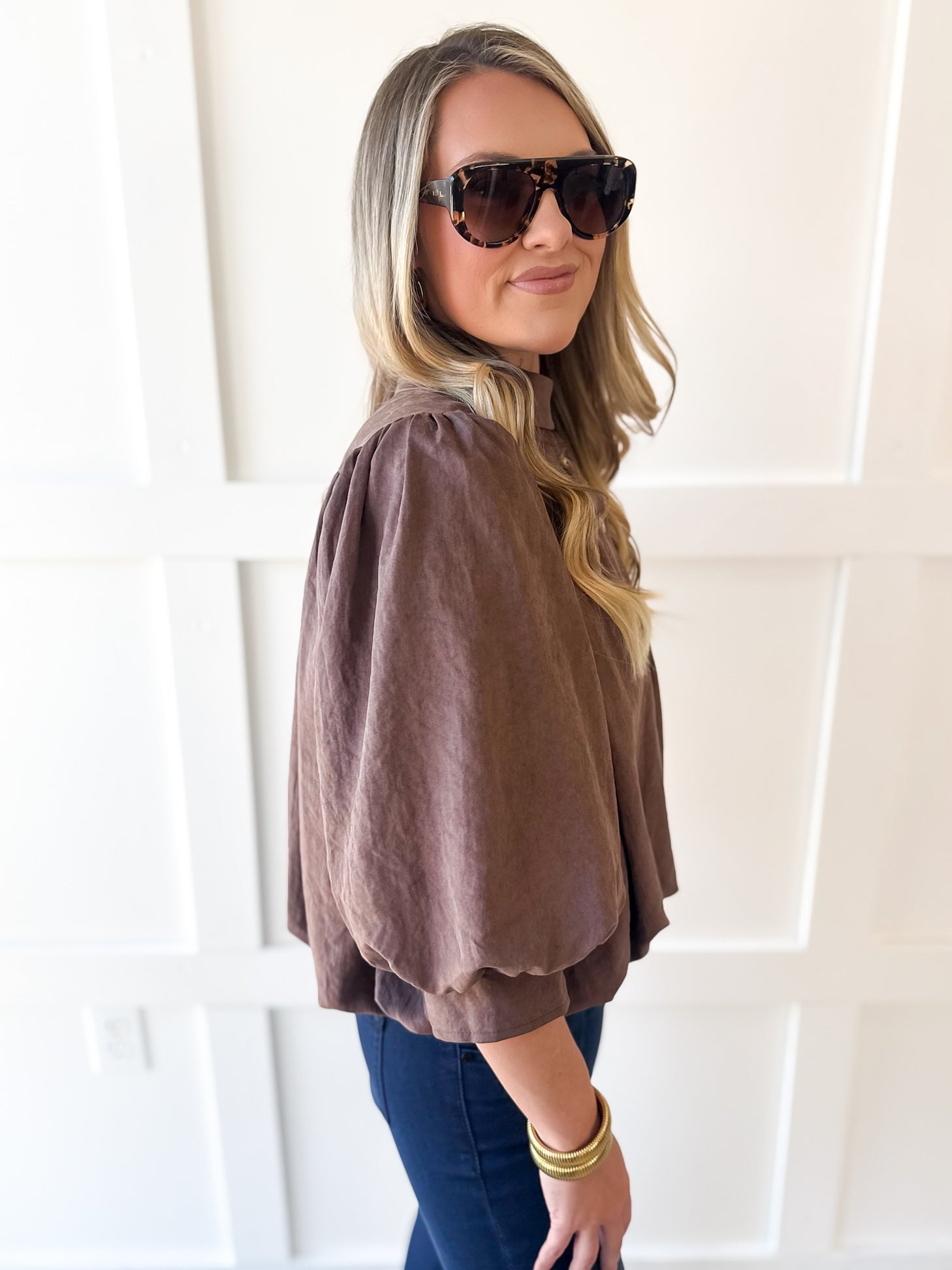 High Neck Billow Top- Brown