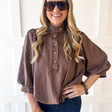 High Neck Billow Top- Brown