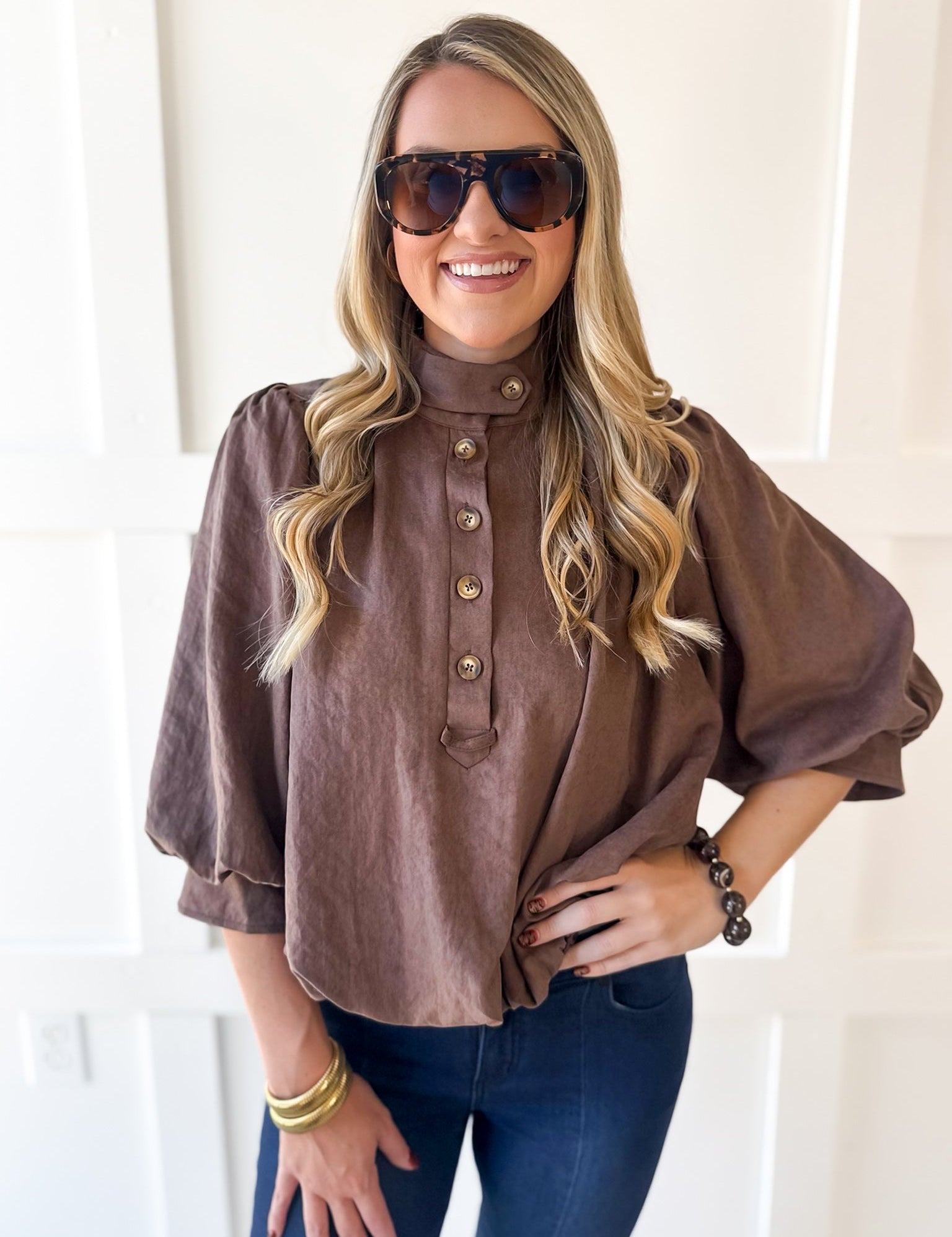 High Neck Billow Top- Brown