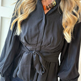 High Neck Waist Tie Blouse- Black