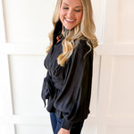 High Neck Waist Tie Blouse- Black