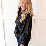 High Neck Waist Tie Blouse- Black
