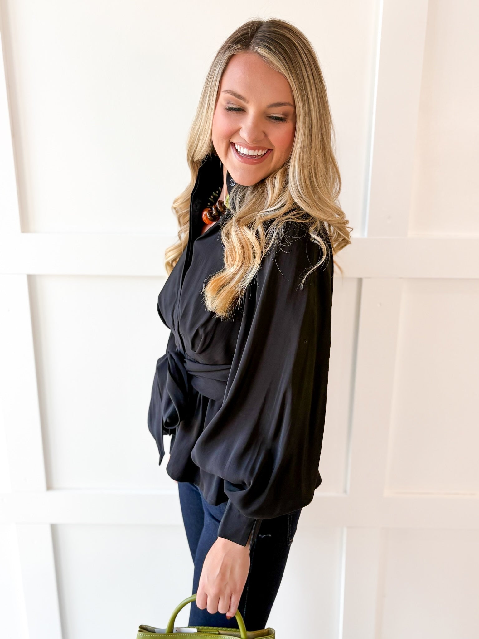High Neck Waist Tie Blouse- Black
