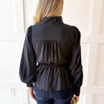 High Neck Waist Tie Blouse- Black