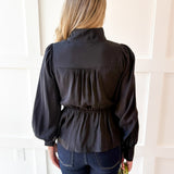 High Neck Waist Tie Blouse- Black