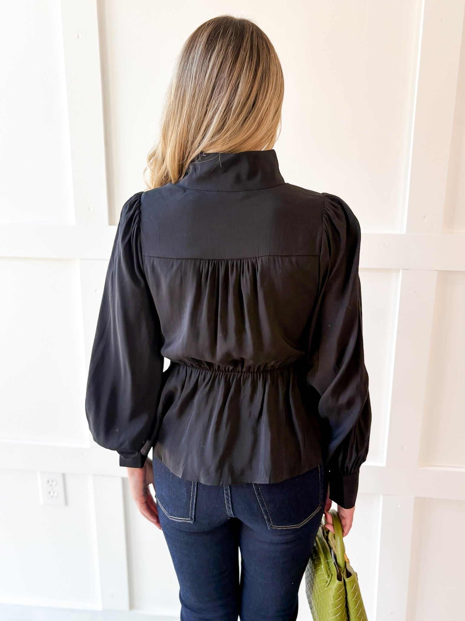 High Neck Waist Tie Blouse- Black