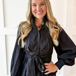 High Neck Waist Tie Blouse- Black