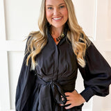 High Neck Waist Tie Blouse- Black