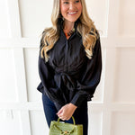 High Neck Waist Tie Blouse- Black