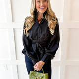 High Neck Waist Tie Blouse- Black