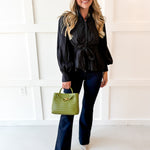 High Neck Waist Tie Blouse- Black