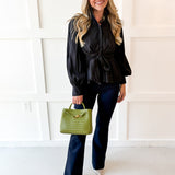 High Neck Waist Tie Blouse- Black
