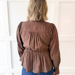 High Neck Waist Tie Blouse - Brown