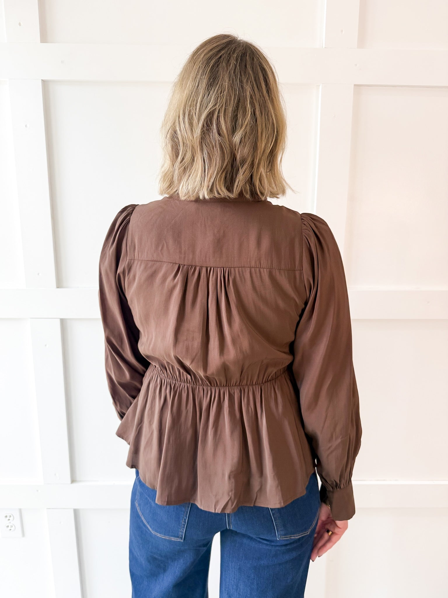 High Neck Waist Tie Blouse - Brown