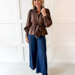 High Neck Waist Tie Blouse - Brown