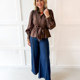 High Neck Waist Tie Blouse - Brown