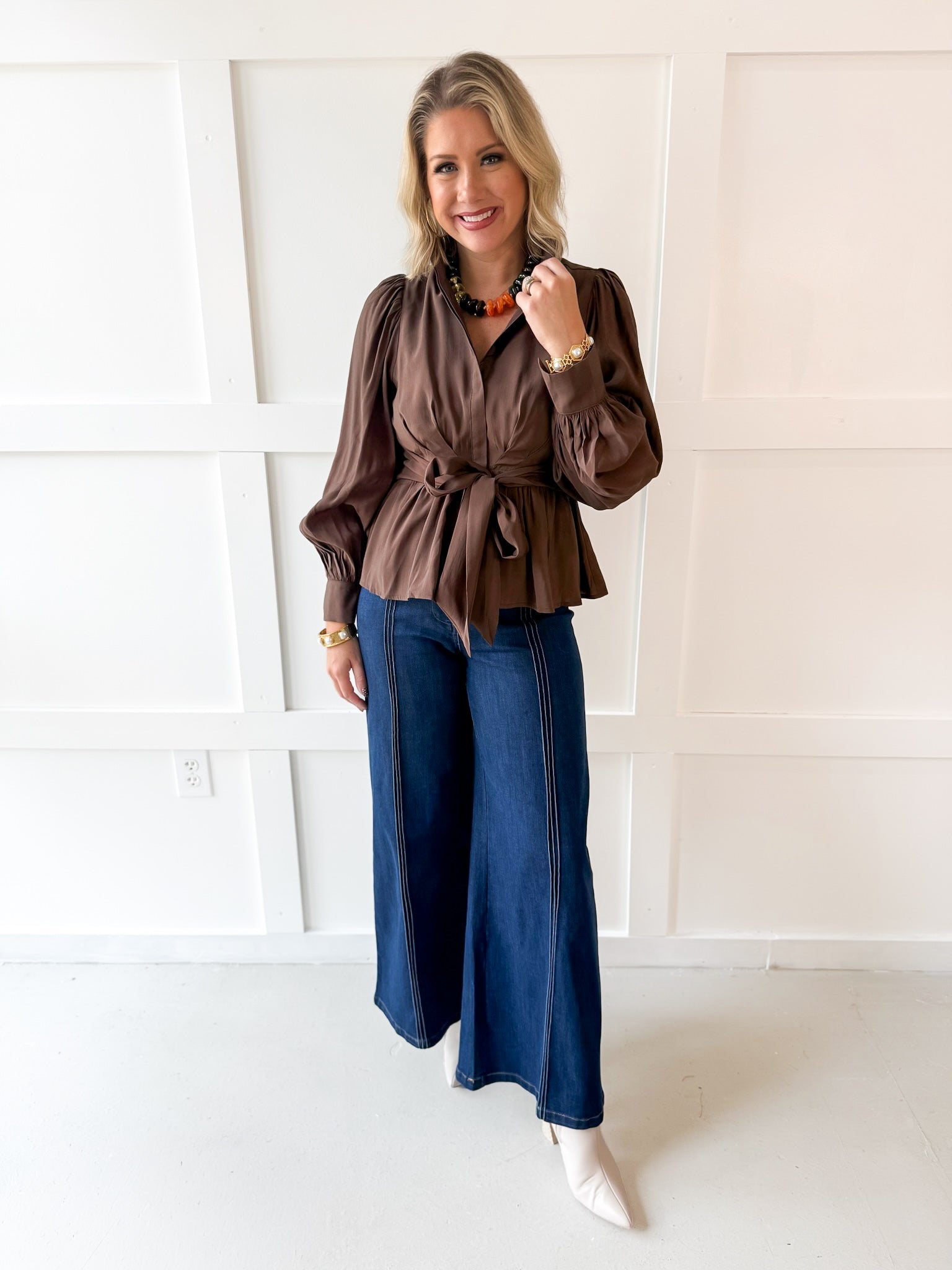 High Neck Waist Tie Blouse - Brown