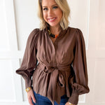 High Neck Waist Tie Blouse - Brown