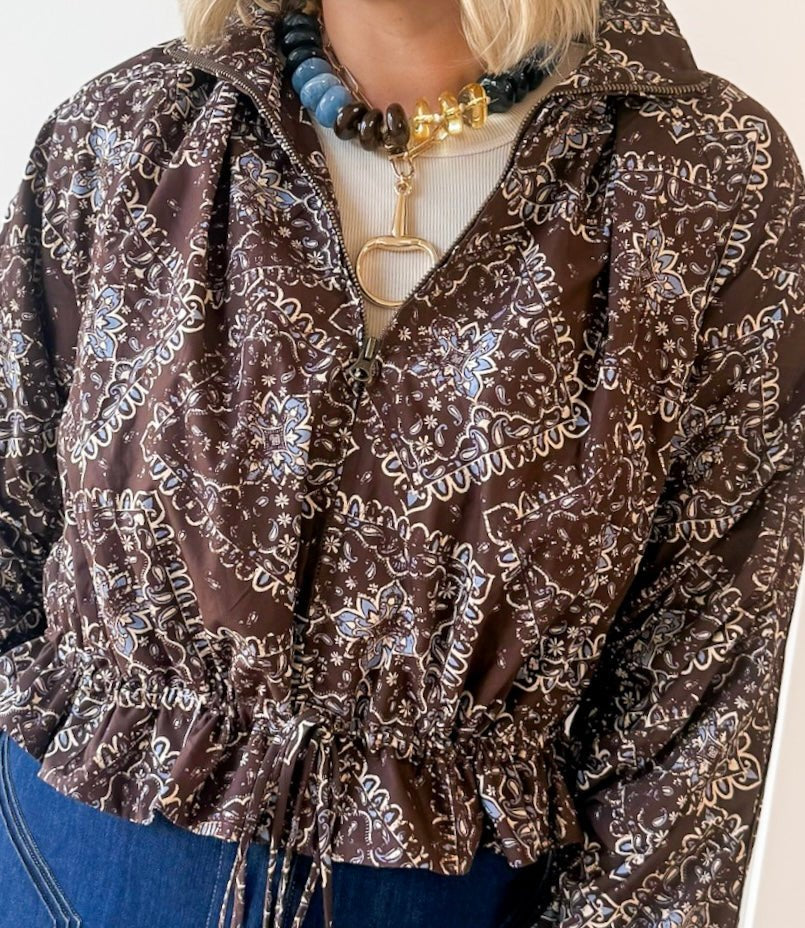High Neck Waist Tie Jacket - Brown