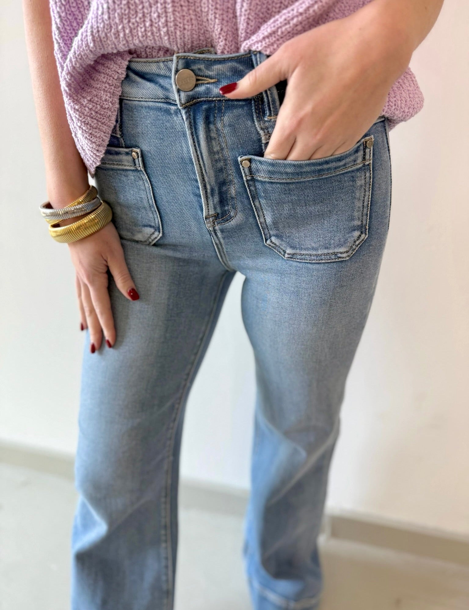 High Rise Wide Flare Pocket Jean