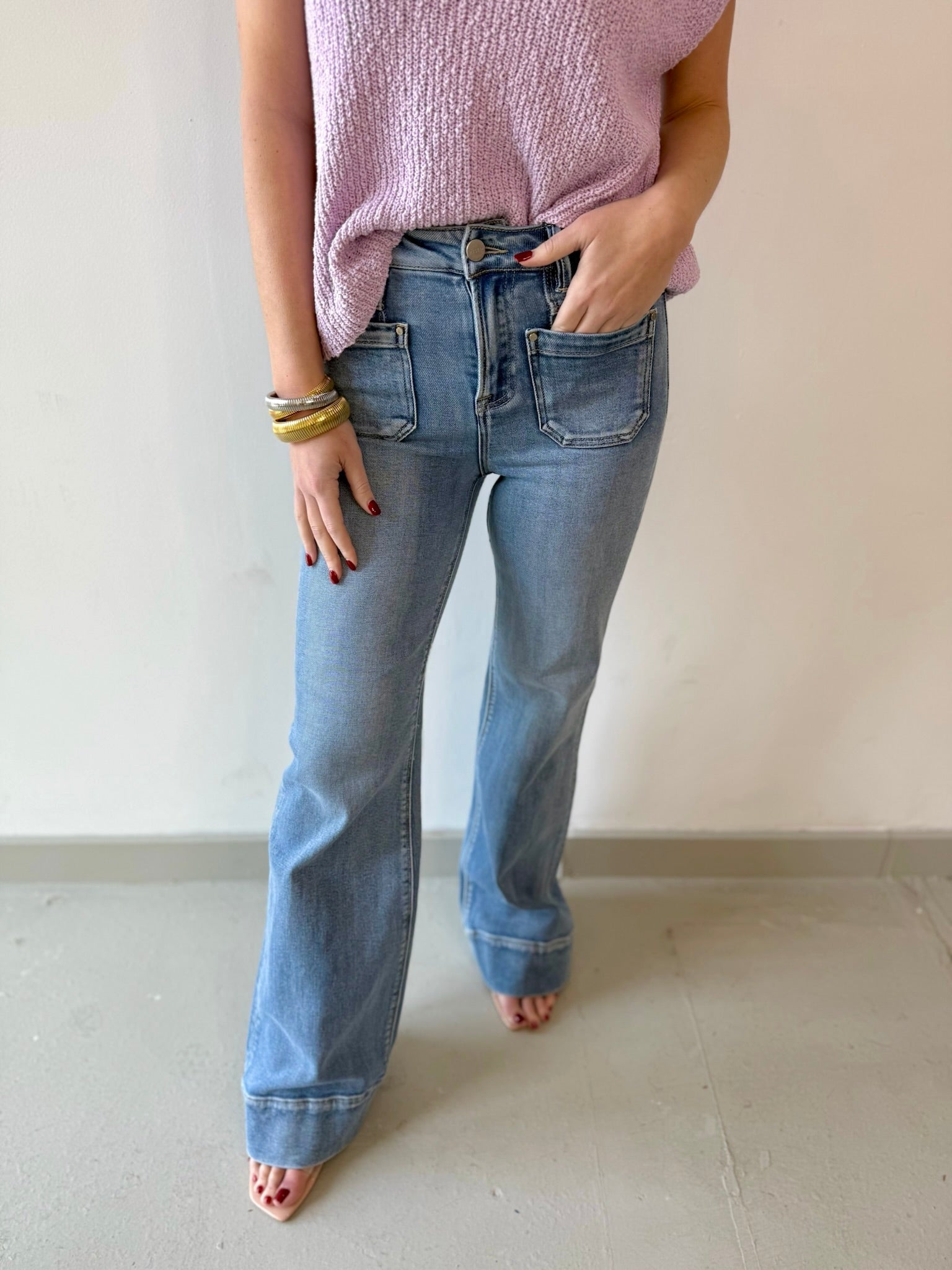 High Rise Wide Flare Pocket Jean