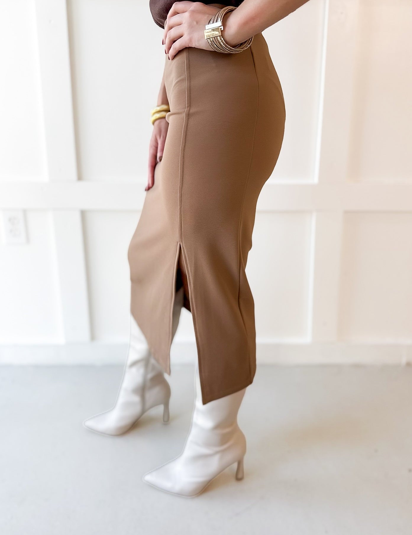 High Waist Knit Midi Skirt - Camel