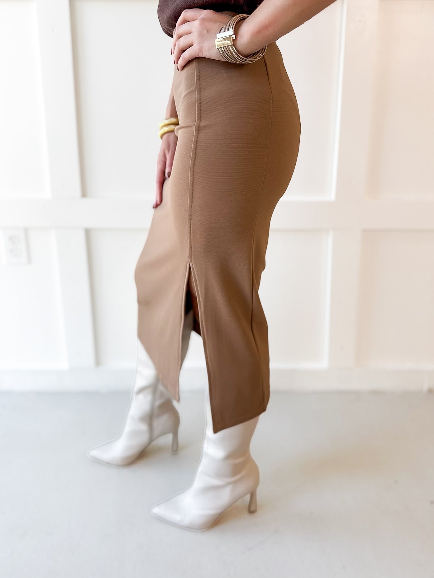High Waist Knit Midi Skirt - Camel