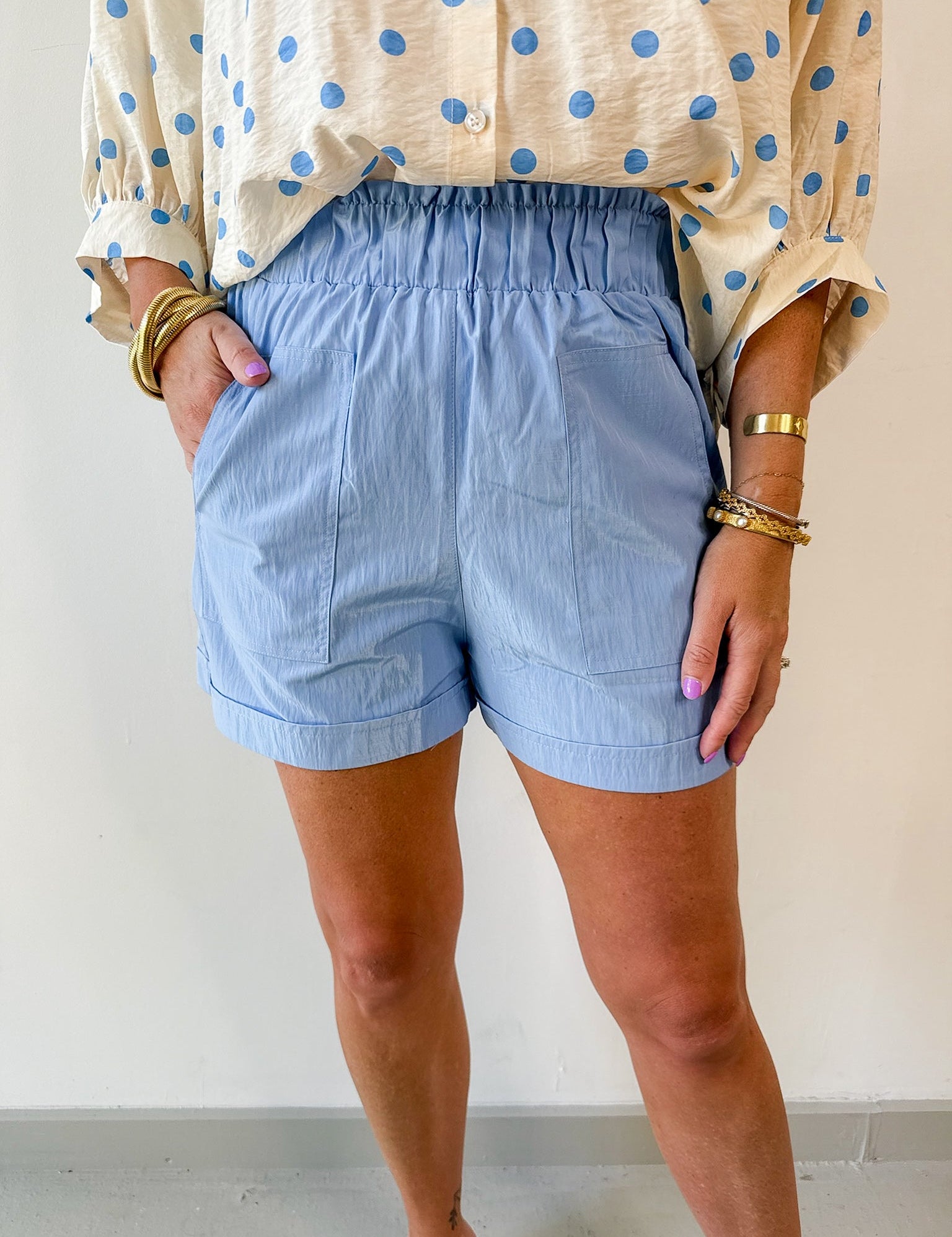 High Waist Stretch Striped Shorts - Blue