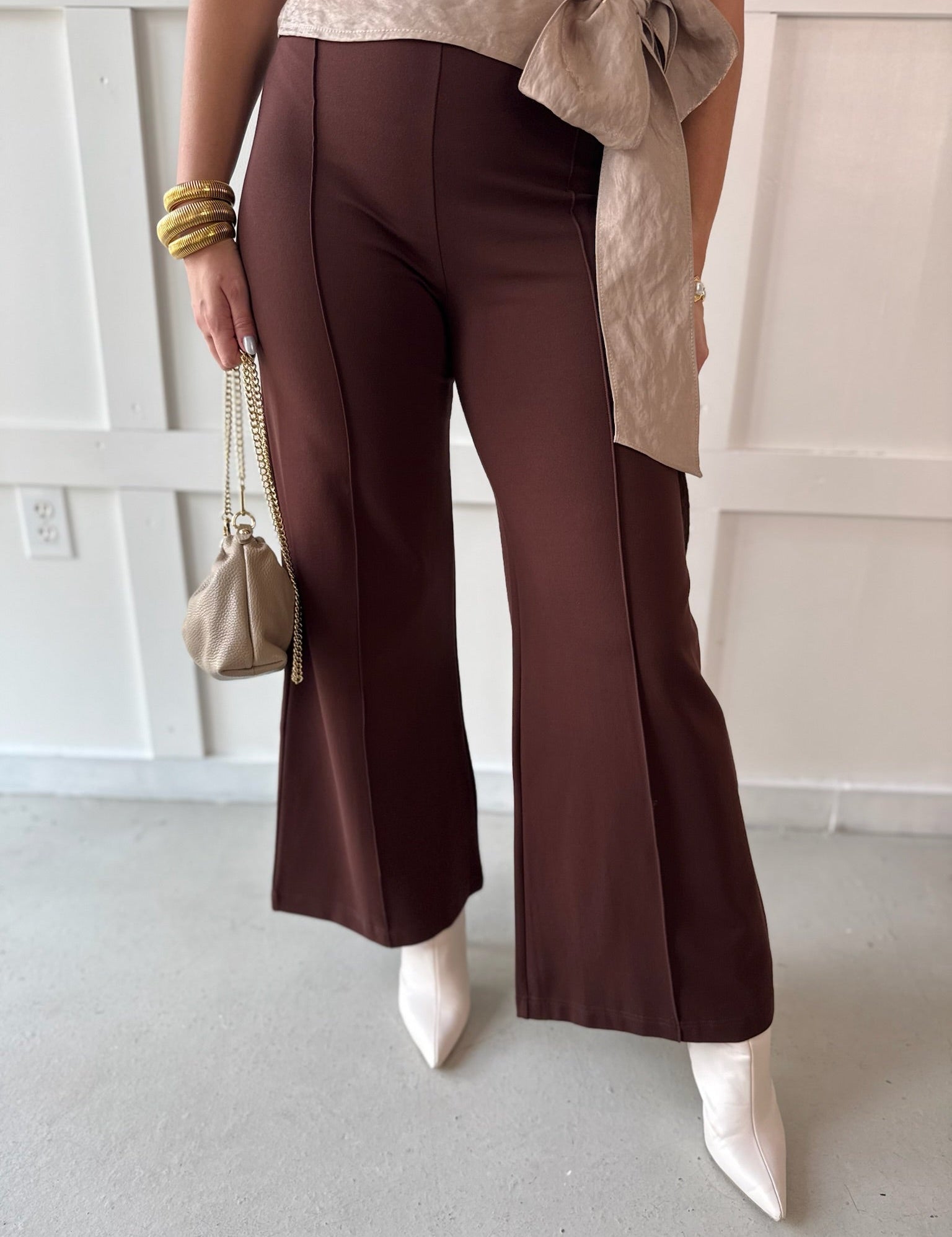 High Waist Wide Leg Ponte Pant- Mocha