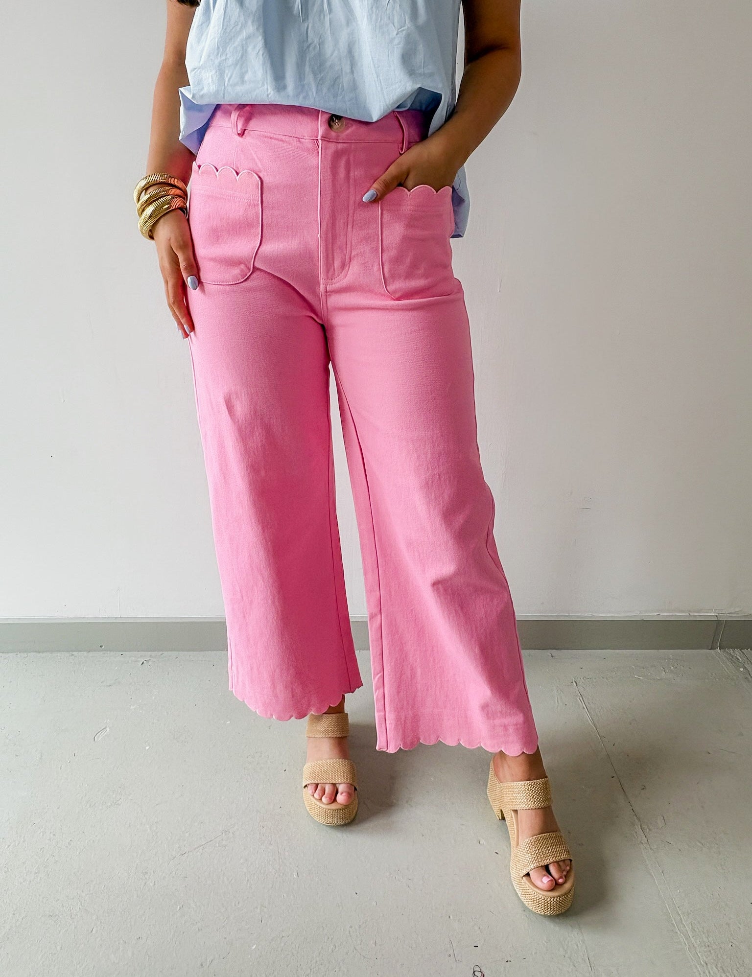 High Waist Wide Pants Featuring Scallop Trim