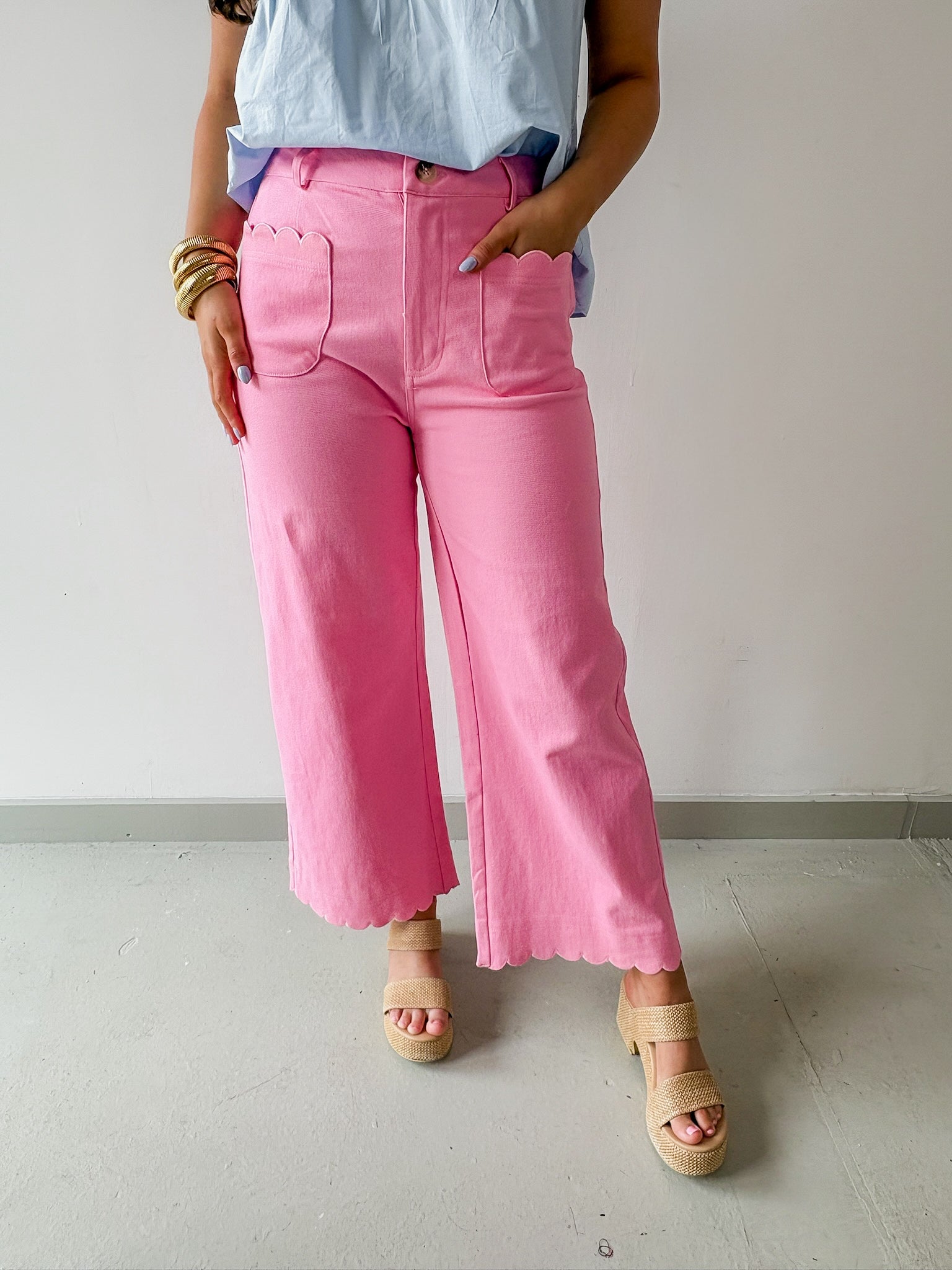 High Waist Wide Pants Featuring Scallop Trim