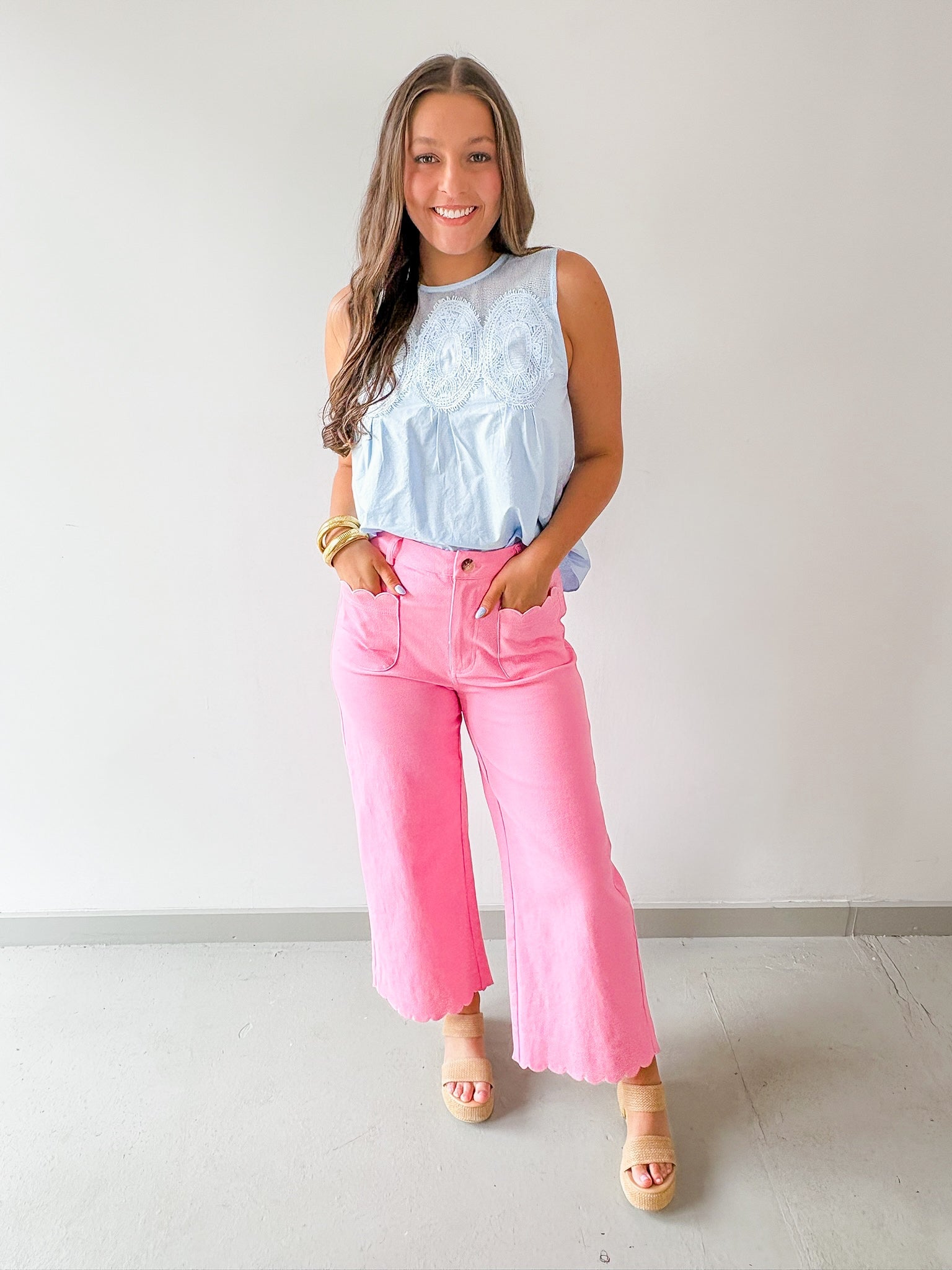 High Waist Wide Pants Featuring Scallop Trim