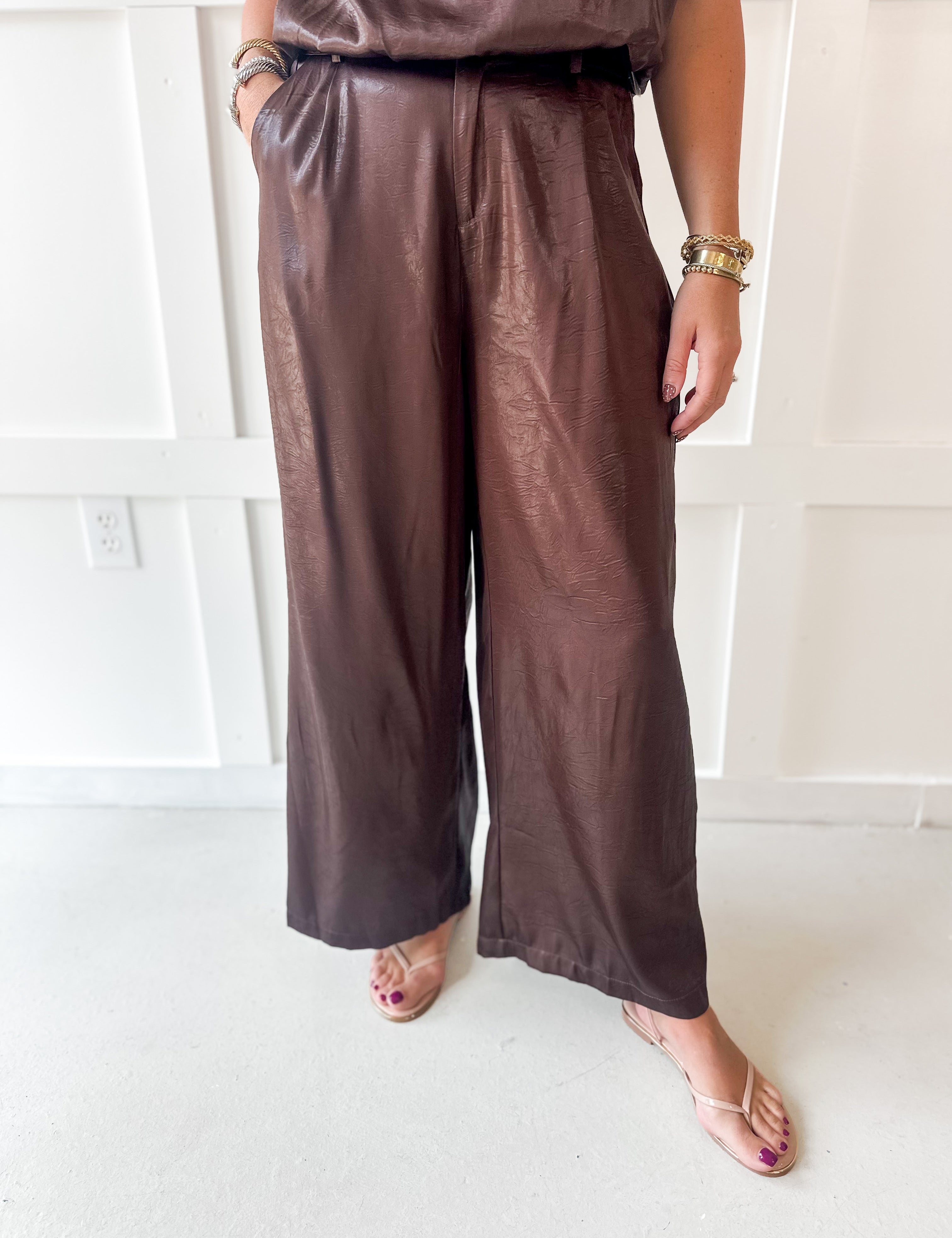 High Waisted Tailored Wide Leg Pants - Brown