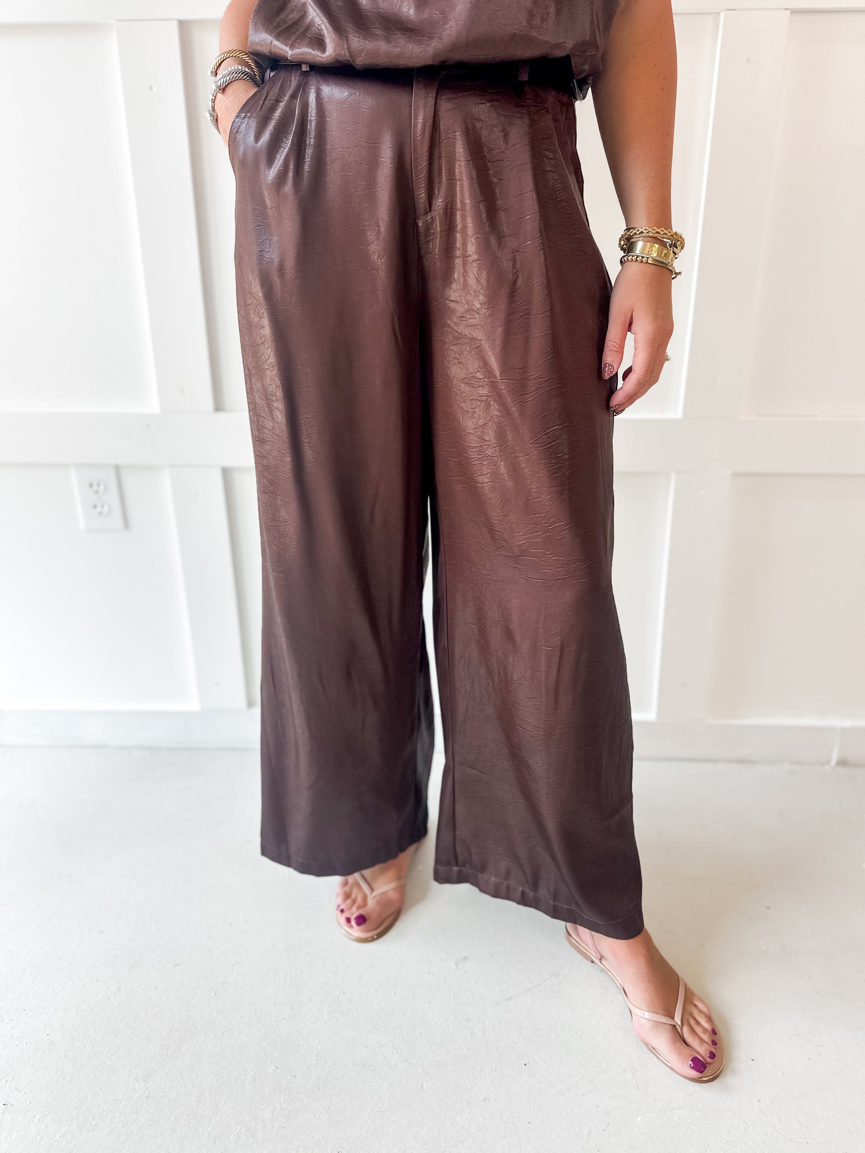 High Waisted Tailored Wide Leg Pants - Brown