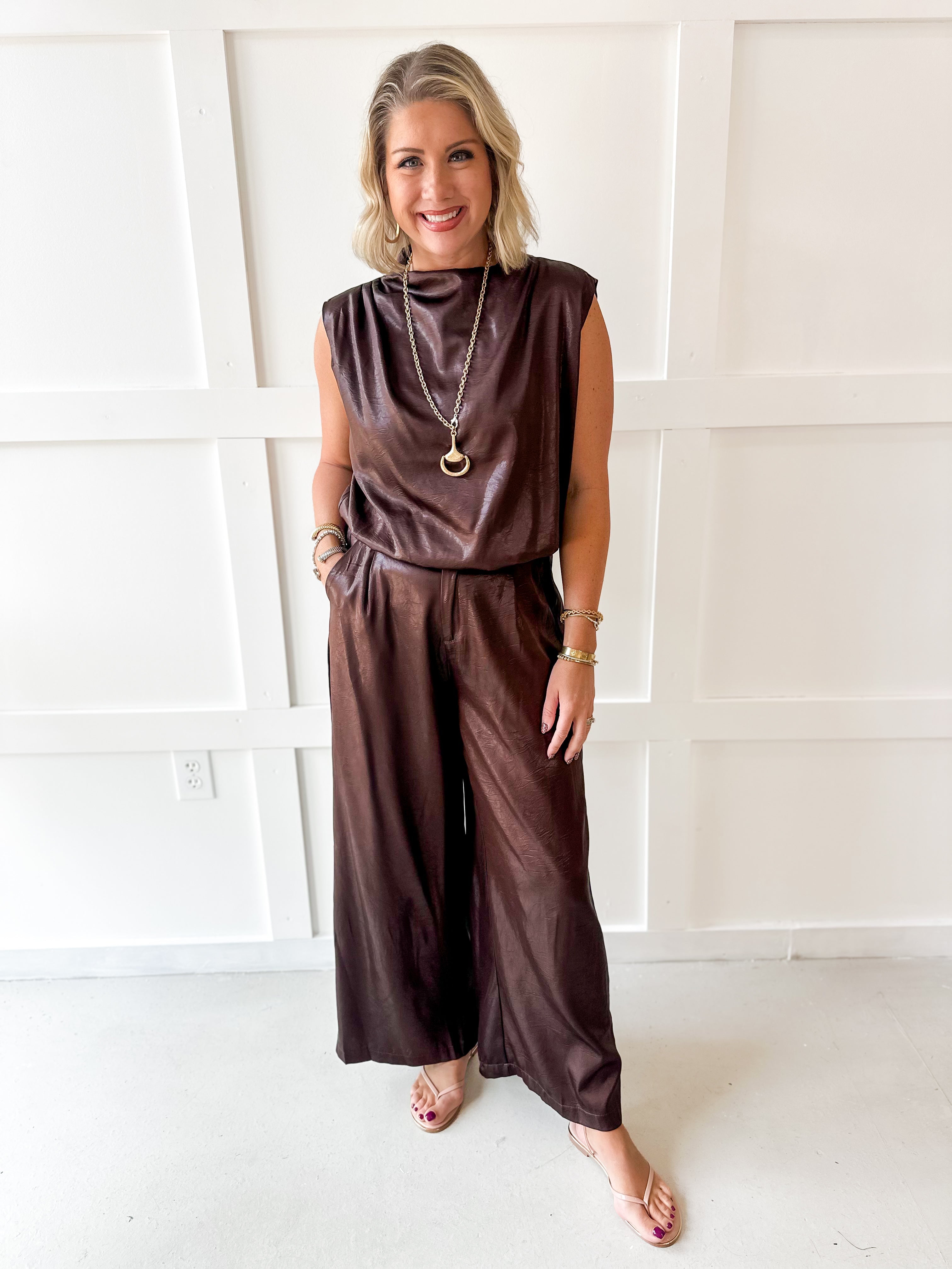 High Waisted Tailored Wide Leg Pants - Brown