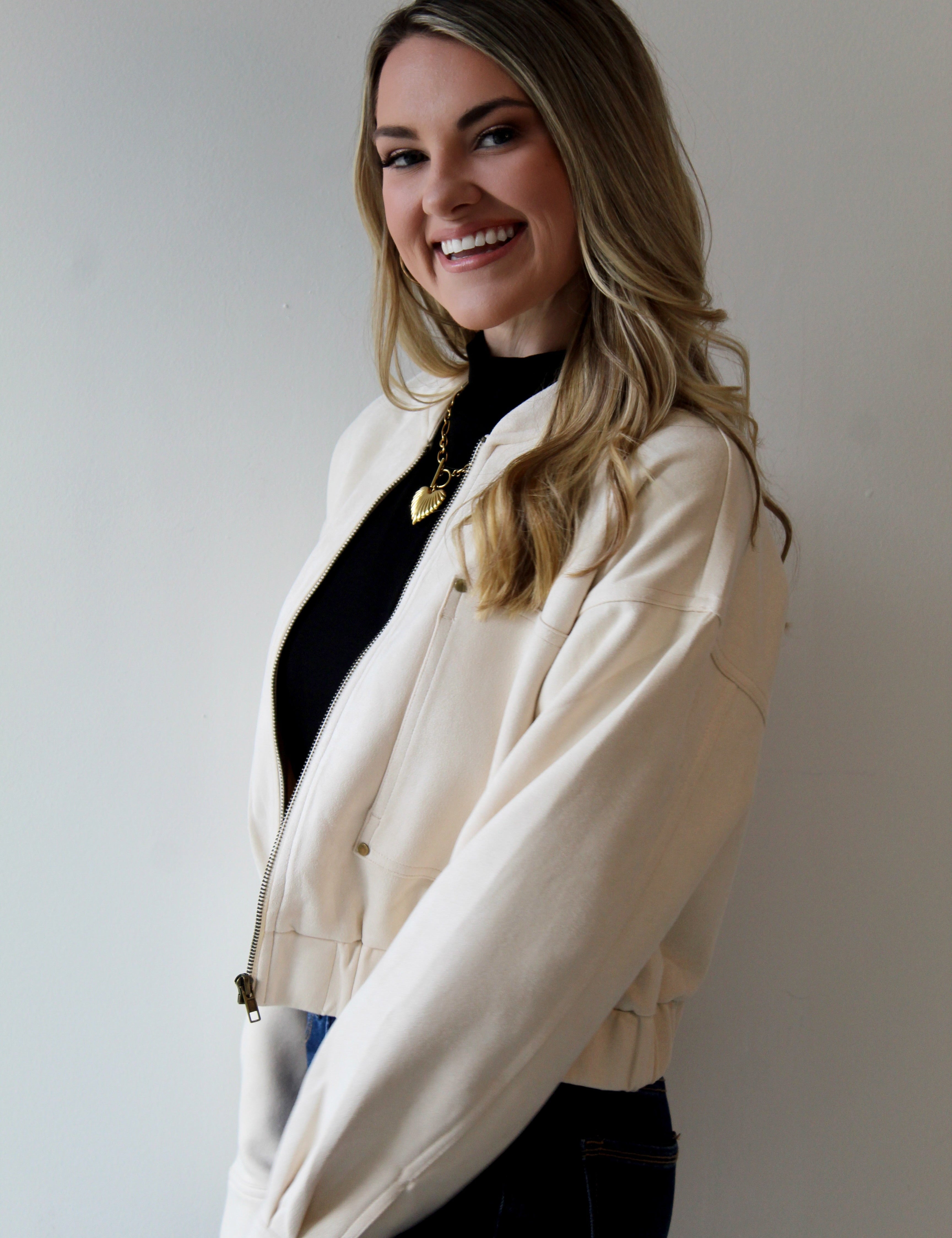 Ivory Suede Bomber Jacket