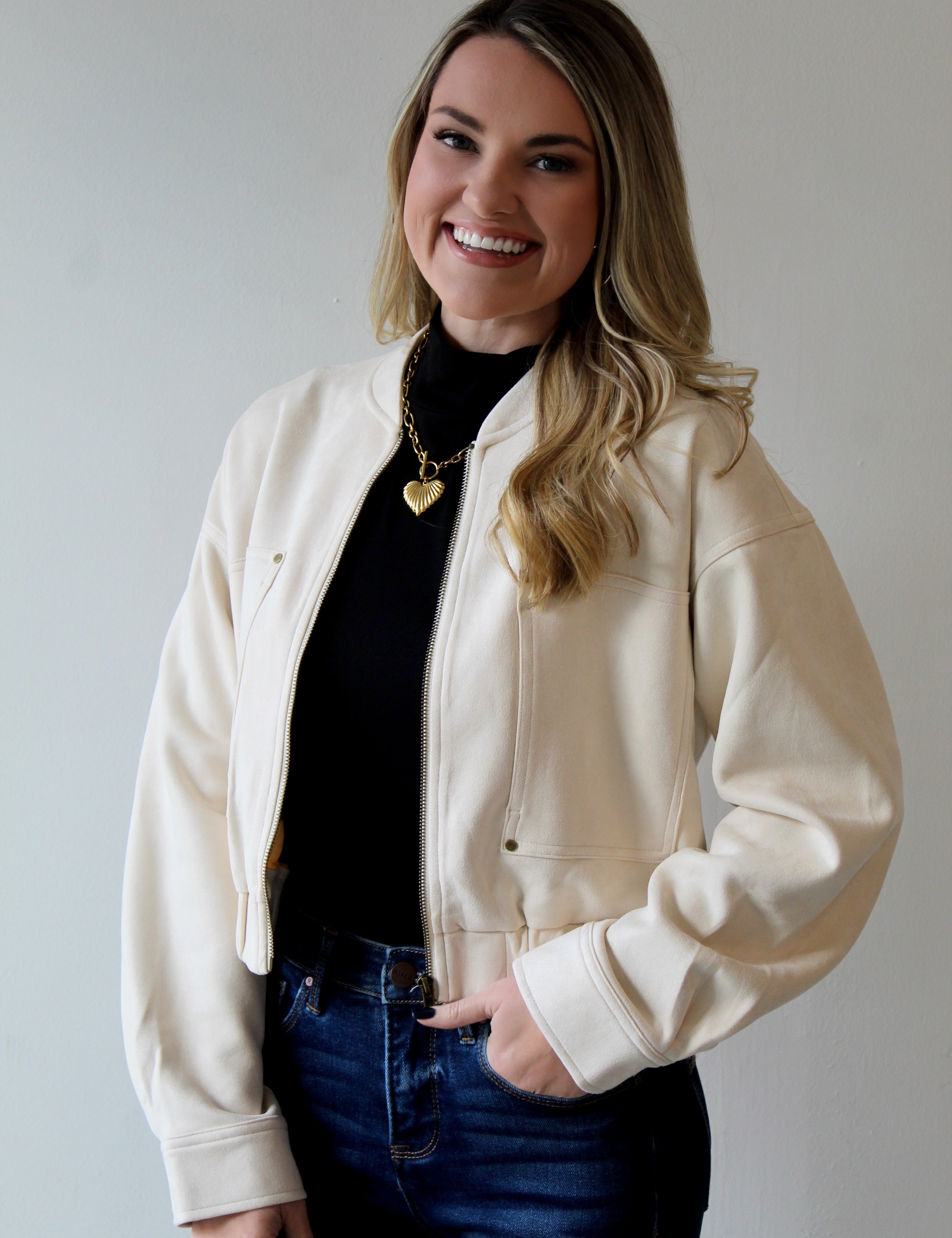 Ivory Suede Bomber Jacket