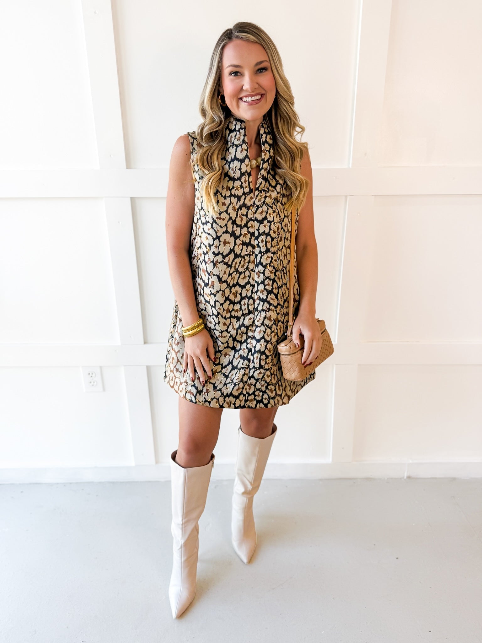 Jaquard Stand Collar Mini Dress - Taupe