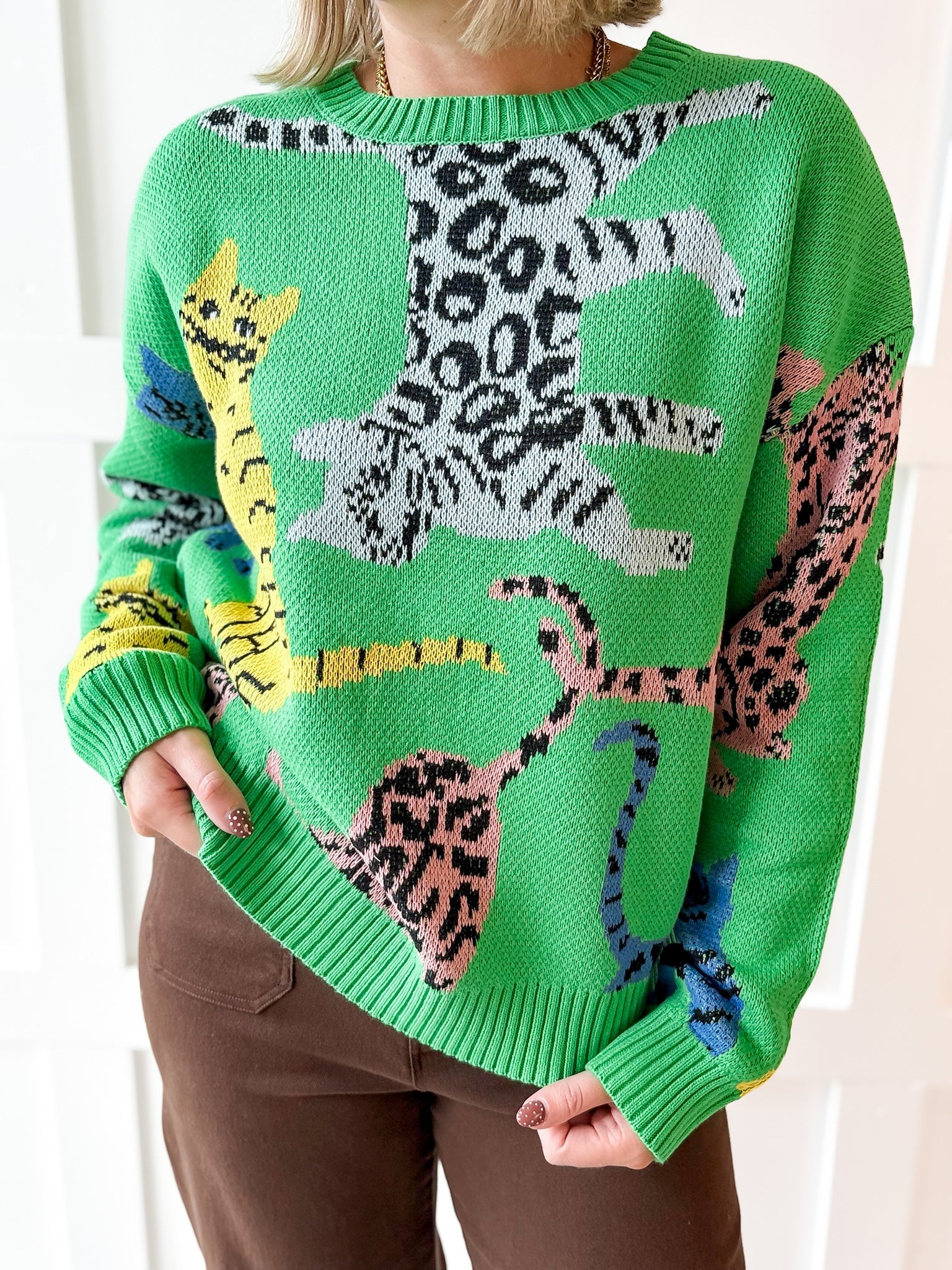Jungle Feline Knit Sweater - Green