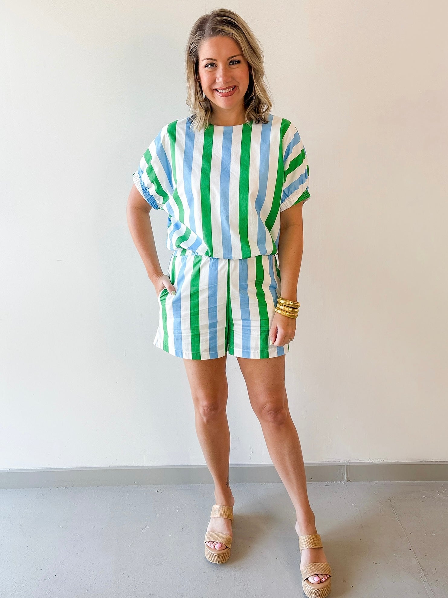 Keyhole Stripe Top & Short Set - Blue