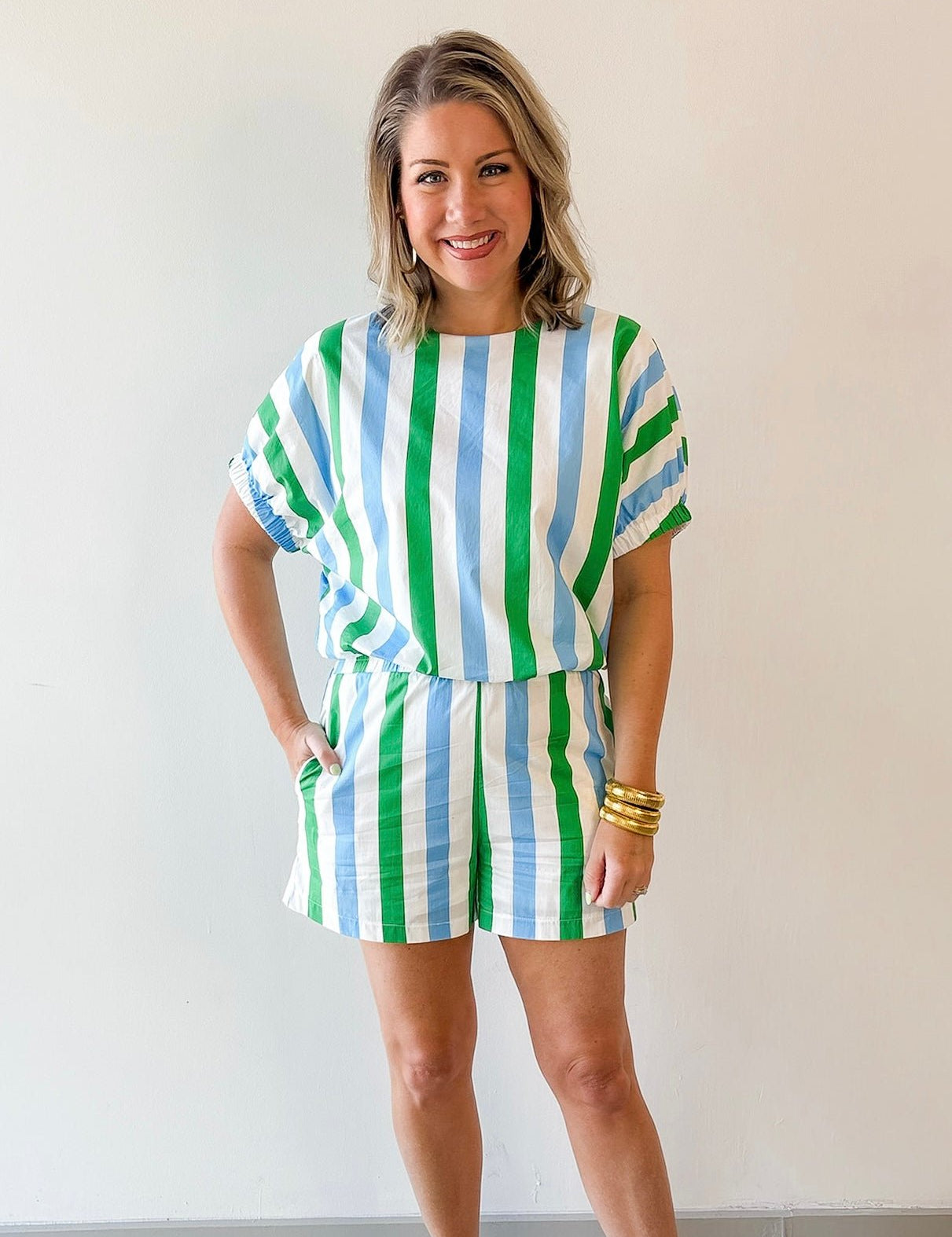 Keyhole Stripe Top & Short Set - Blue