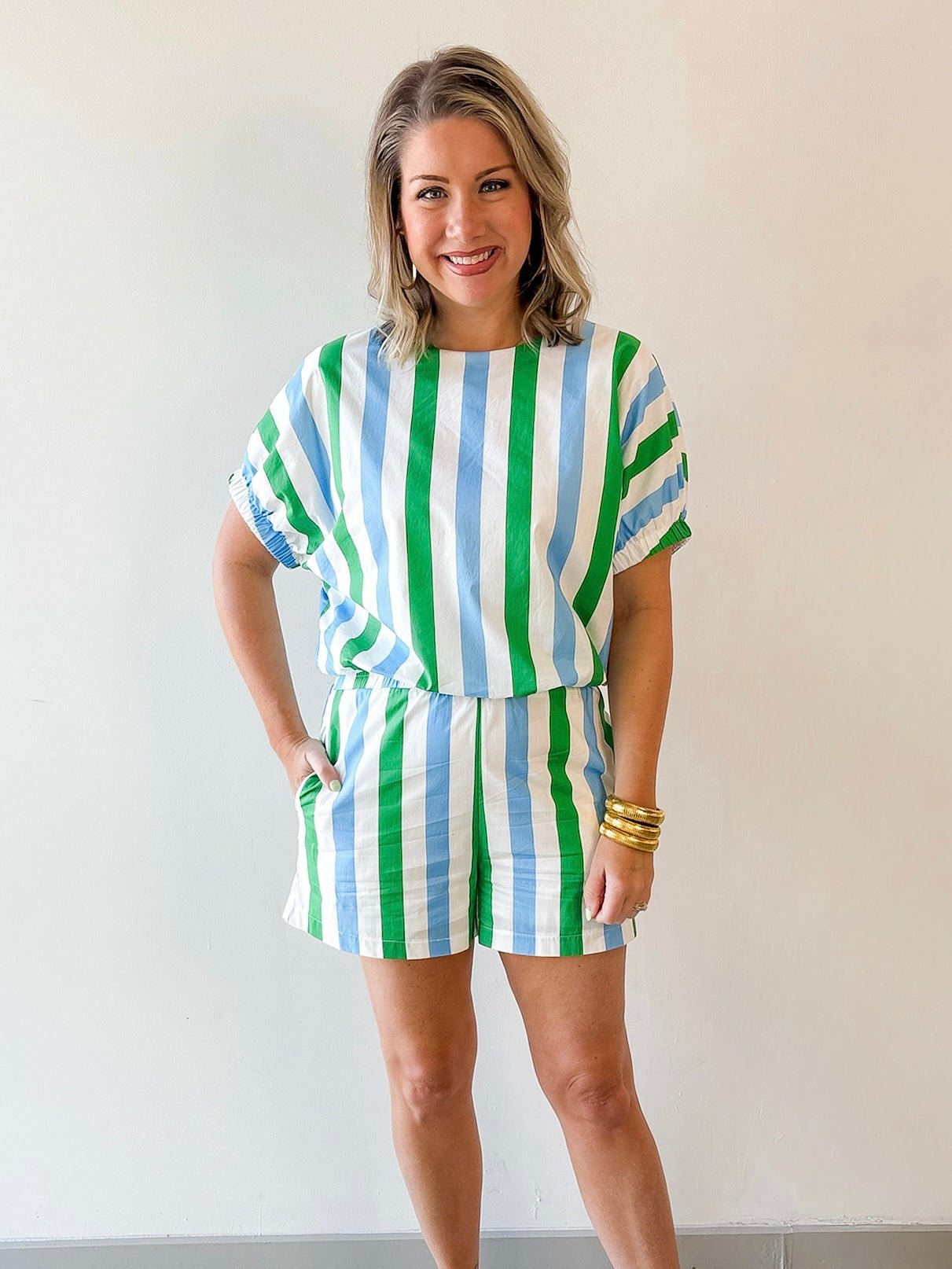 Keyhole Stripe Top & Short Set - Blue