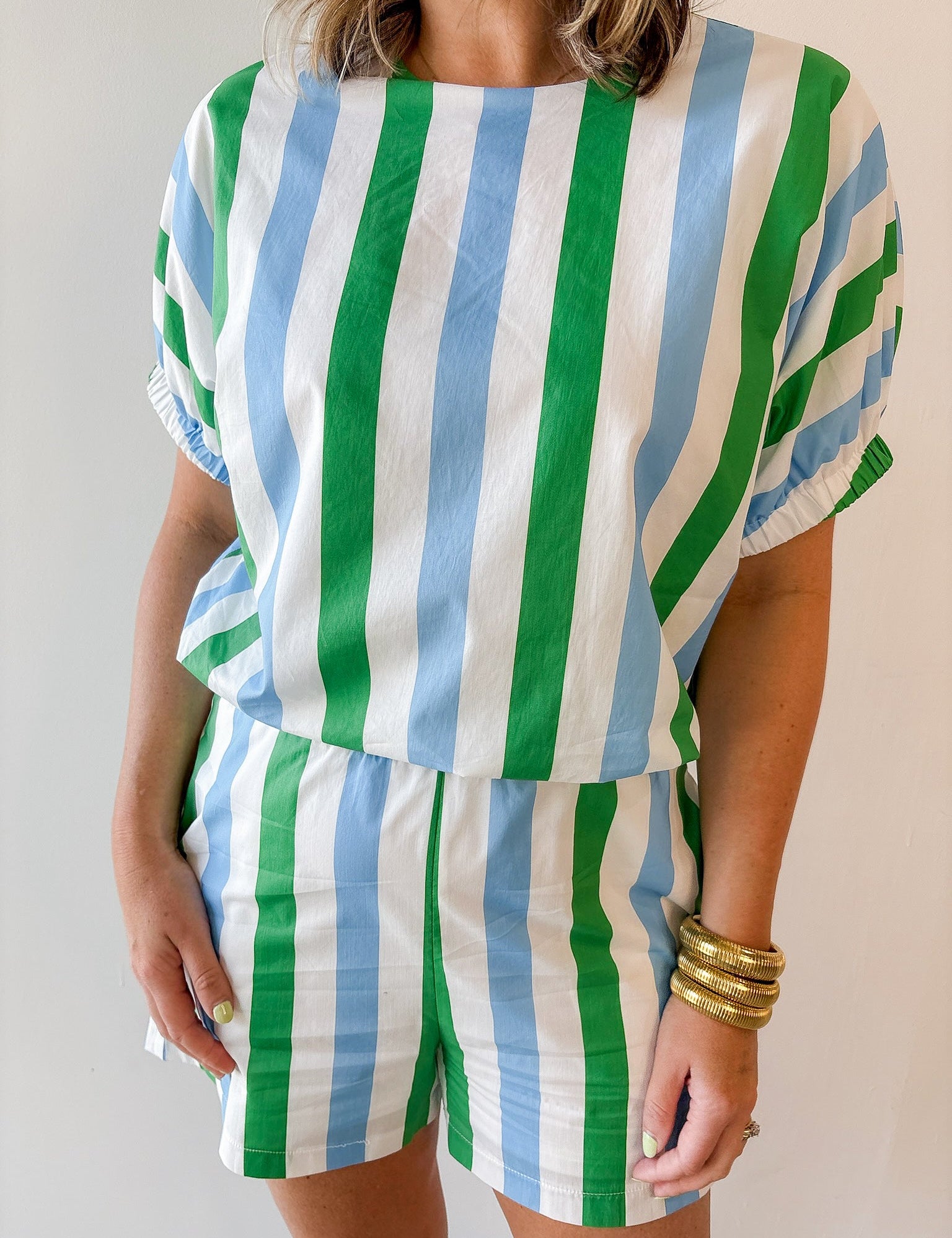 Keyhole Stripe Top & Short Set - Blue