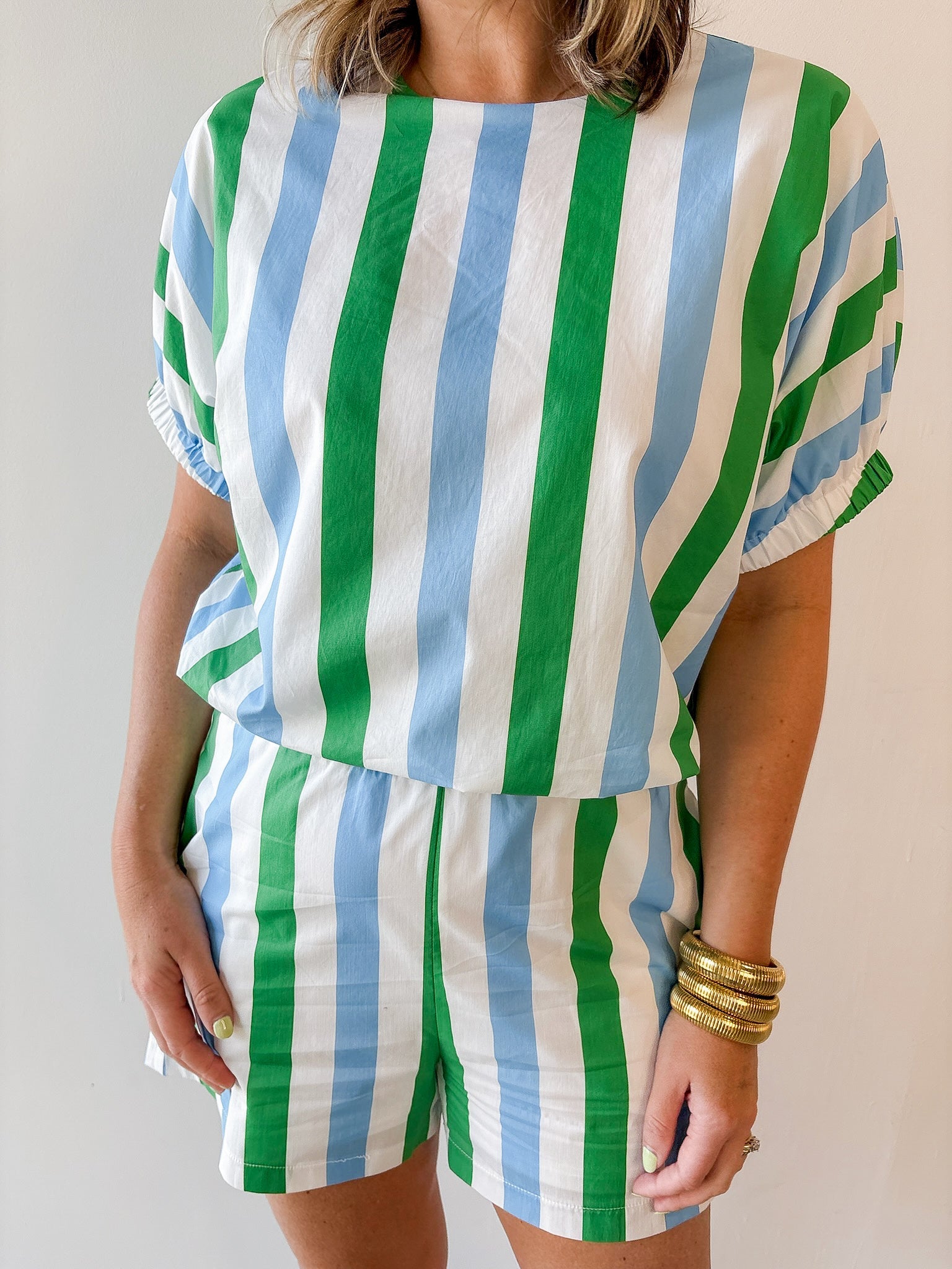 Keyhole Stripe Top & Short Set - Blue
