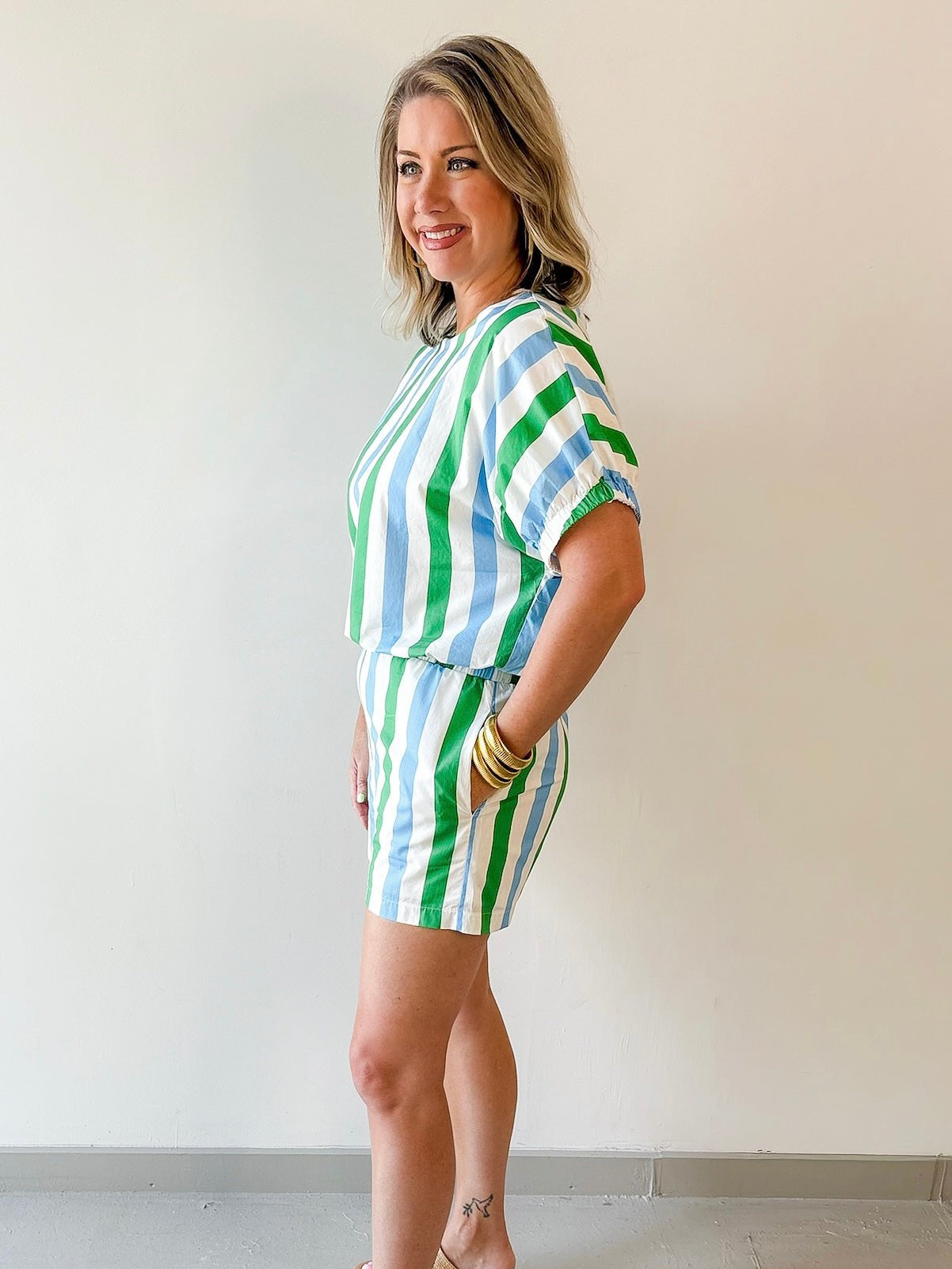 Keyhole Stripe Top & Short Set - Blue