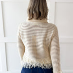 Knit Collared Fringe Cardigan - Ivory