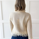 Knit Collared Fringe Cardigan - Ivory