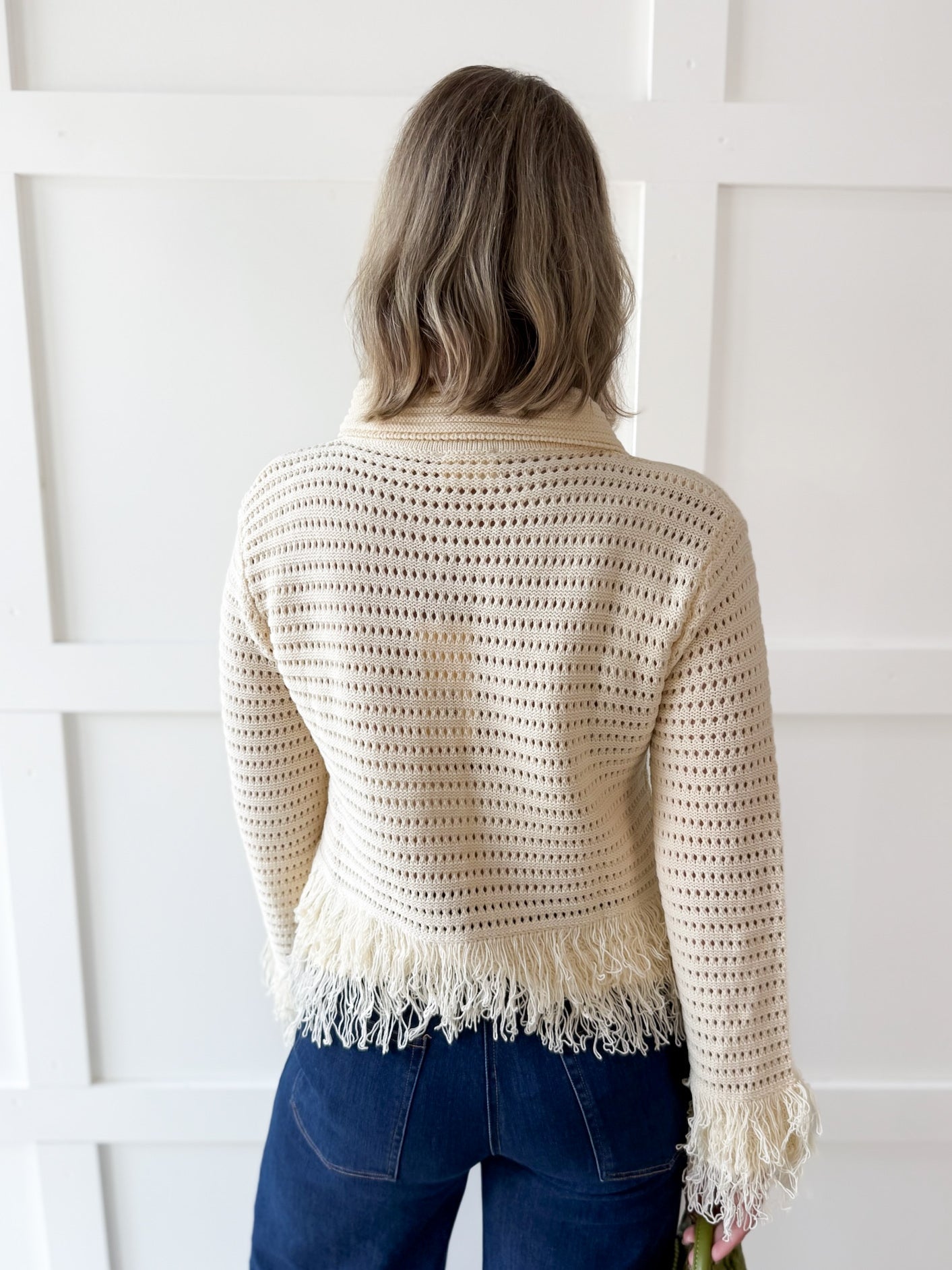 Knit Collared Fringe Cardigan - Ivory