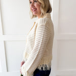 Knit Collared Fringe Cardigan - Ivory