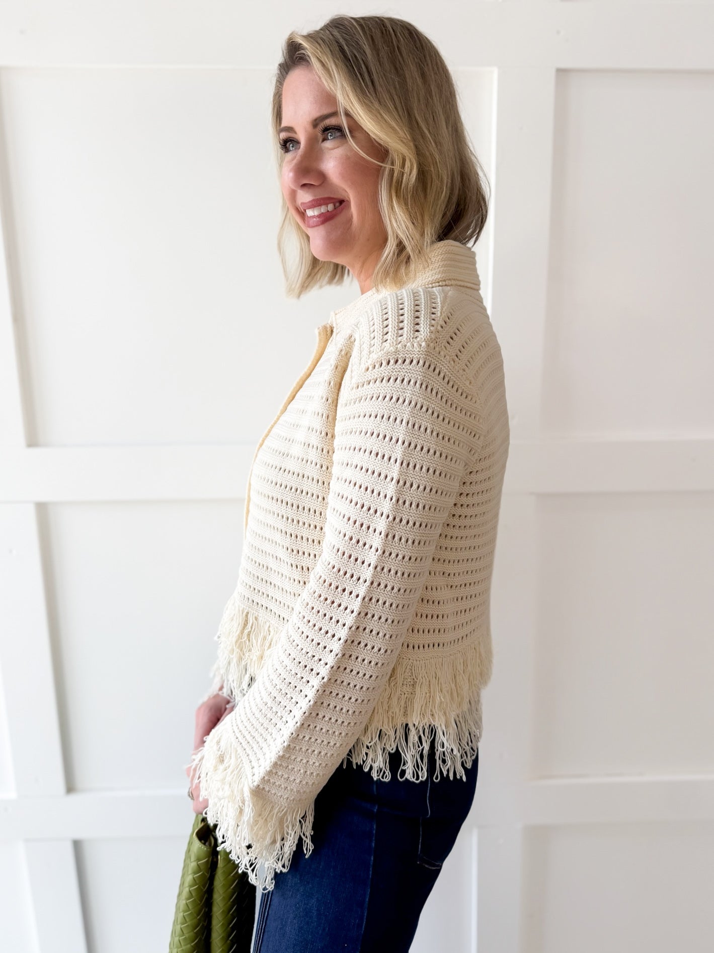 Knit Collared Fringe Cardigan - Ivory